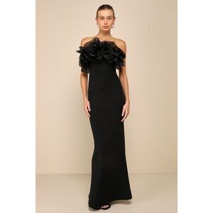 Lulus Evening Excellence Black Ruffled Strapless Mermaid Maxi Dress - Size L